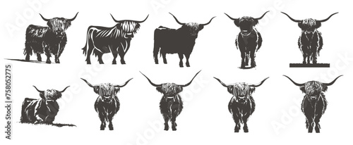 Silhouette set of highland cow, Generative Ai