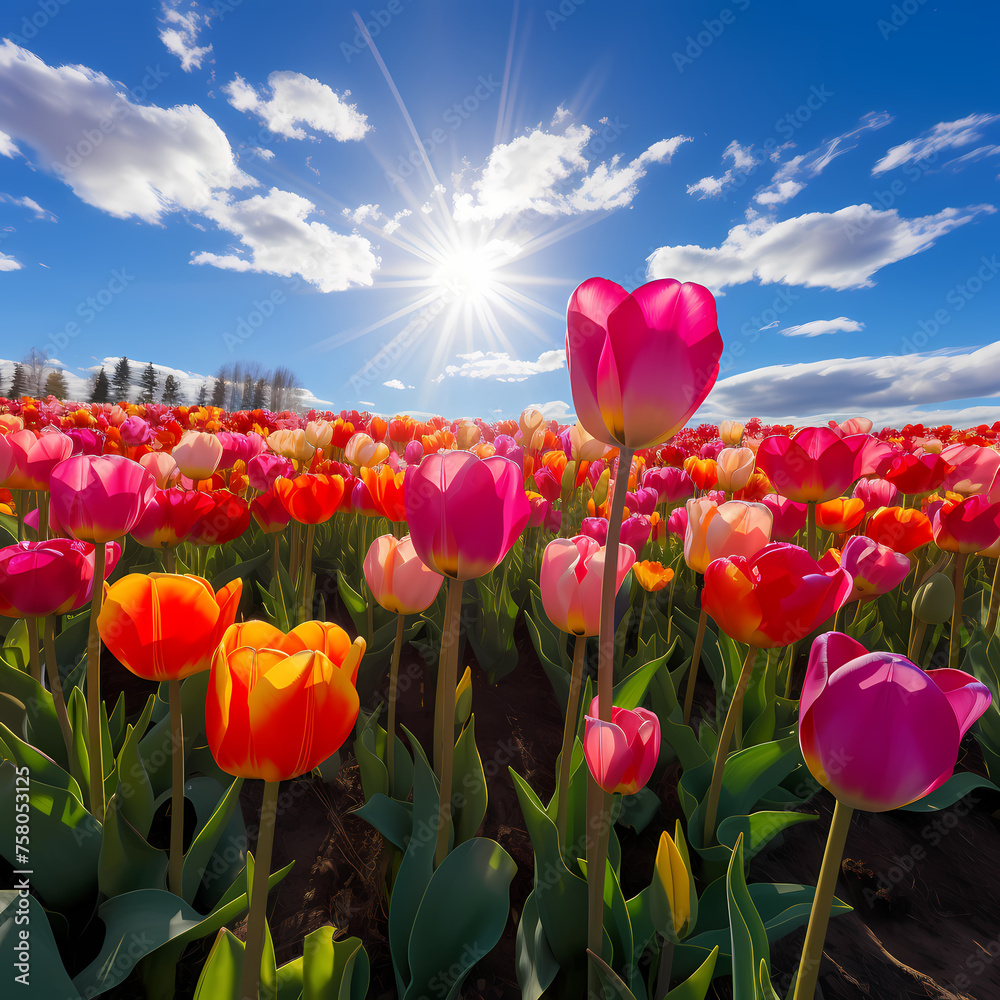 A field of colorful tulips in full bloom. 