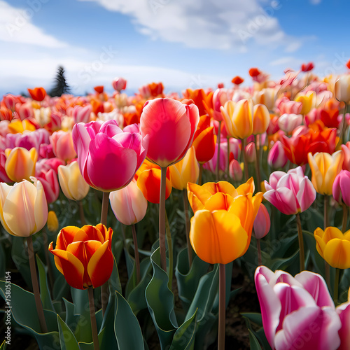 A field of colorful tulips in full bloom. 