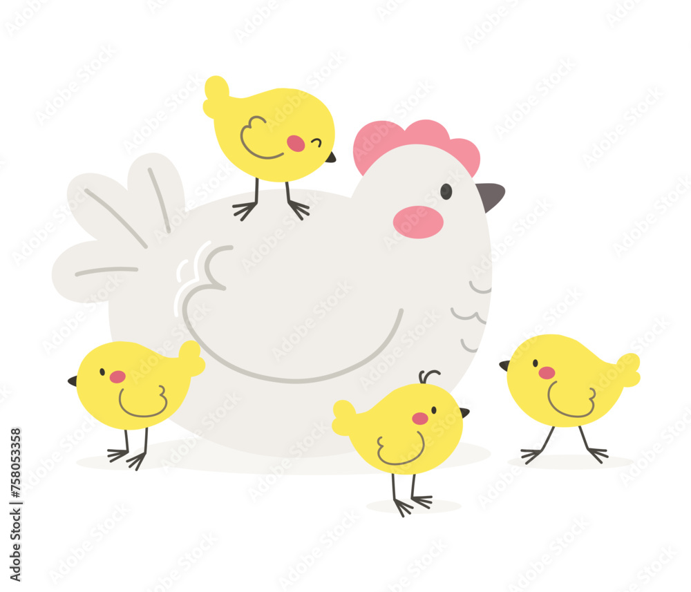 Mother hen with chicks, cartoon character in flat style. Vector.