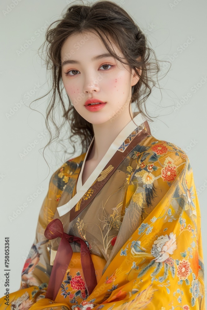 Elegant Young Woman in Traditional Yellow Kimono with Floral Pattern on Neutral Background Elegant Young Woman in Traditional Yellow Kimono with Floral Pattern on Neutral Background