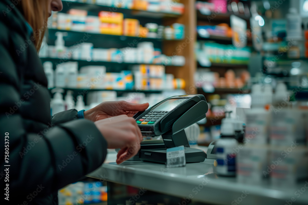 Contactless Payment at Pharmacy Checkout. Customer using card terminal at a drugstore.