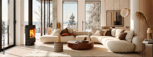 Warm Winter Interior with Fireplace and Scenic View. Modern winter interior design featuring a cozy fireplace  large panoramic windows with a snowy view  and a comfortable curved sofa.