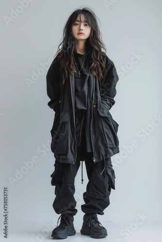 Stylish Young Woman in Casual Black Streetwear Outfit Posing with Confident Attitude on a Solid Grey Background