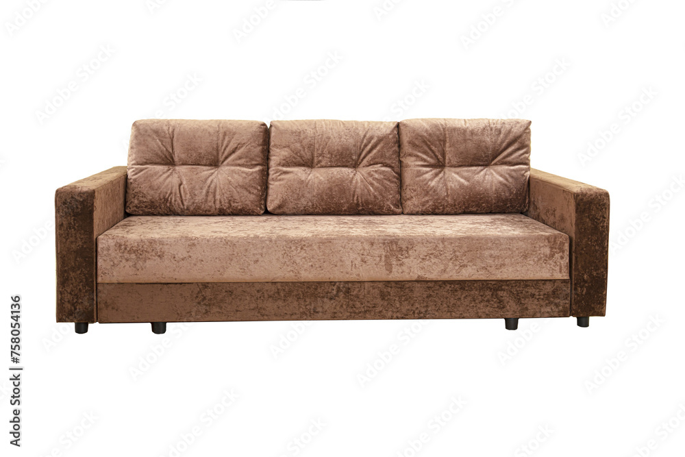 Brown sofa with velor fabric pillows isolated on a white background. Cushioned furniture. Brown sofa with velor fabric pillows isolated on a white background. Cushioned furniture.