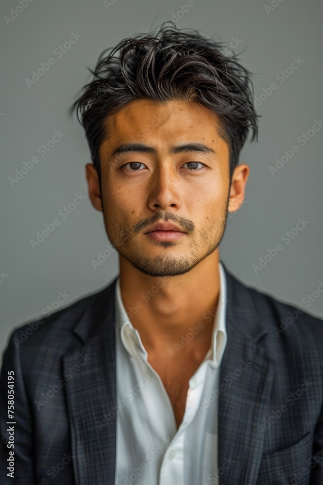 Obraz premium Confident Young Entrepreneur in Sharp Suit Poses for Corporate Headshot Against a Neutral Background