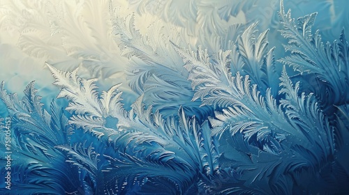 Blue frost textures on glass. Detailed winter pattern macro shot. Cold season and freeze concept for artistic design and prin photo