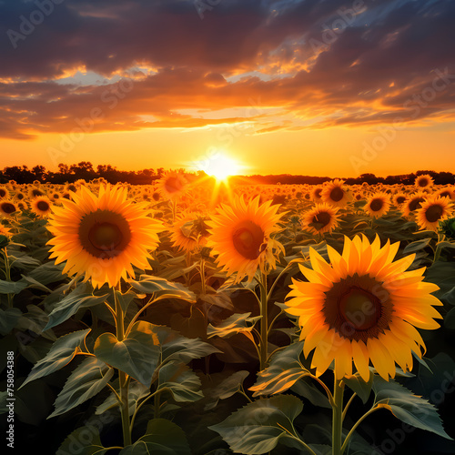 A field of sunflowers with the sun setting in the background