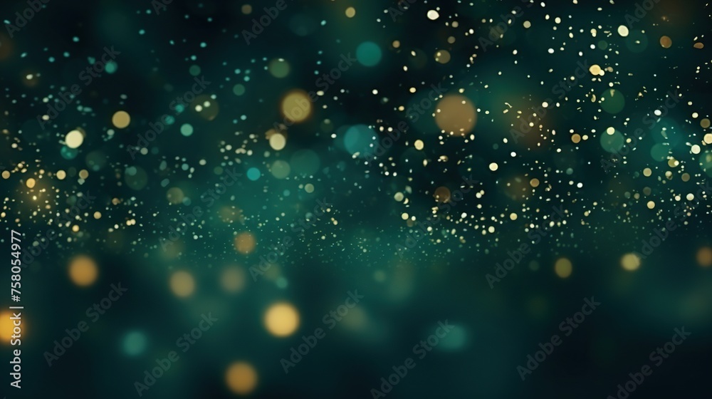 Abstract golden shinny particles bokeh on dark green background.