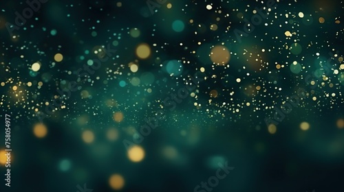 Abstract golden shinny particles bokeh on dark green background.