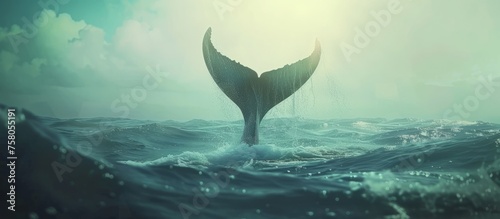 Wallpaper Mural Seascape with whale tail dripping with water on the surface of the sea or ocean, banner with copy space Torontodigital.ca