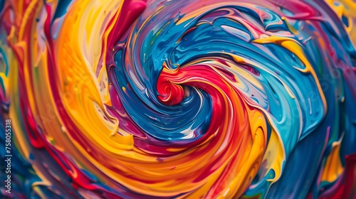 Colorful abstract painting with a swirl pattern. The colors are vibrant and saturated, and the brushstrokes are thick and expressive. photo