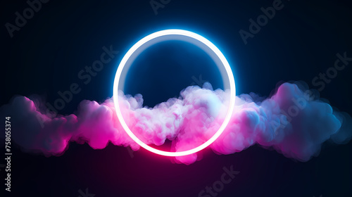 Abstract clouds illuminated with neon rings in dark night sky