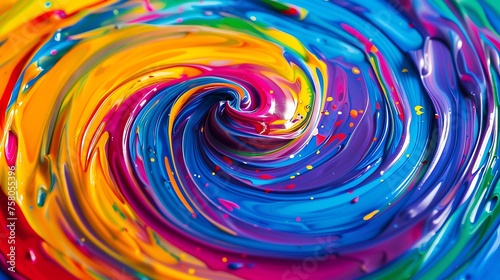 Colorful abstract painting. Paint swirls in a vortex. Shades of blue, green, yellow, orange and purple.