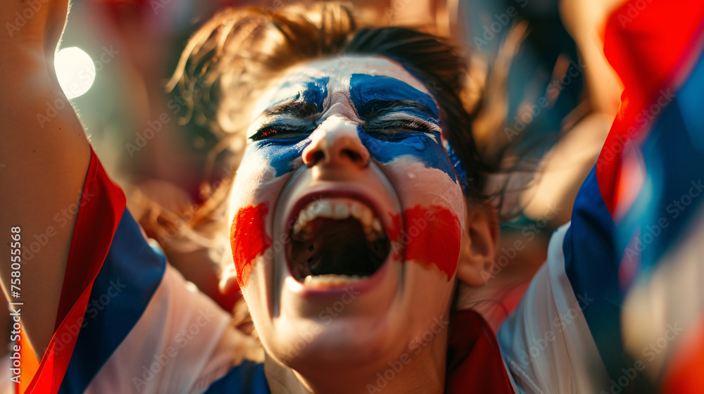 a soccer fan, their face painted in the colors of the portugal flag, erupting into jubilant celebration a soccer fan, their face painted in the colors of the portugal flag, erupting into jubilant celebration