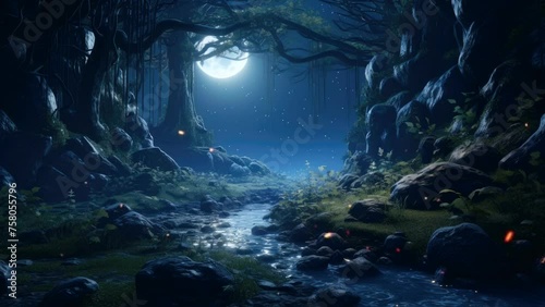 footage video a dark forest with a stream and a full moon