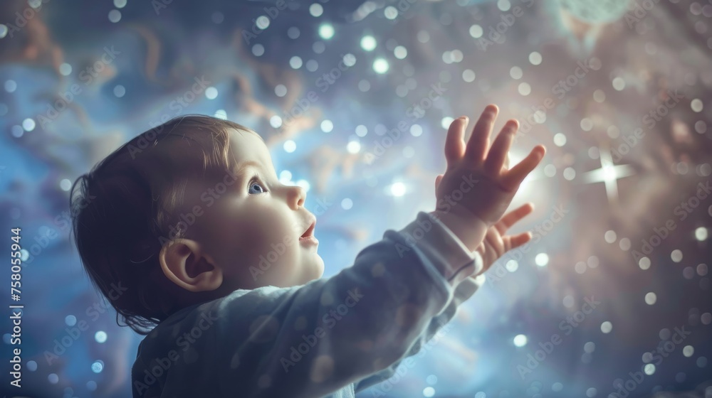 A baby reaches towards a starry night, depicting natural curiosity and the innate human desire to explore the unknown. - obrazy, fototapety, plakaty 