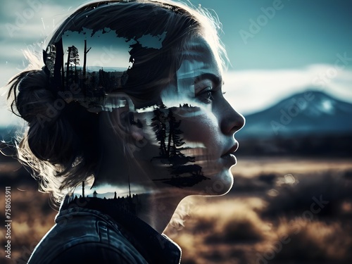 Masterpiece double exposure of a girl silhouette with monochrome apocalypse aftermath and a colorful natural landscape in the underlying backdrop, sharp contrast, detailed crisp lines, in focus, doubl photo