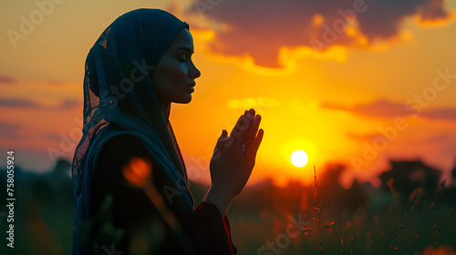 Silhoueitte of young muslim woman pray with beautiful sunset sunrise. Generative ai photo