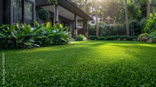 Beautiful house backyard with fresh green grass smooth lawn as a carpet