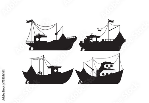PrintFishing boats side view isolated set. Commercial fishing trawlers for industrial seafood production vector illustration in flat style. Vintage marine ships, sea or ocean transportation collection