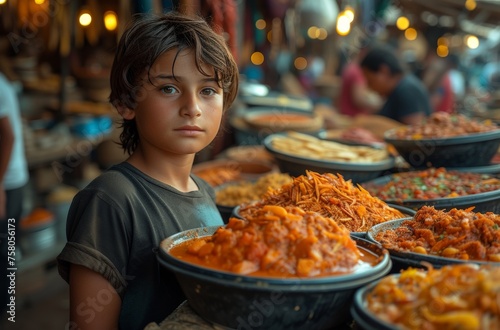 A young boy stands in front of bowls of various colorful foods in a bustling market scene