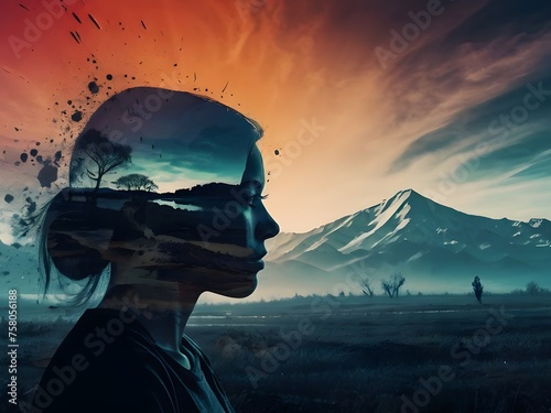 Masterpiece double exposure of a girl silhouette with monochrome apocalypse aftermath and a colorful natural landscape in the underlying backdrop, sharp contrast, detailed crisp lines, in focus, doubl photo