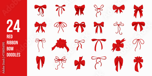 Large set of hand drawn red ribbon bow knots. Decoration elements. Various doodle bows for presents, gift boxes, traditional holidays. Flat cartoon vector illustration.