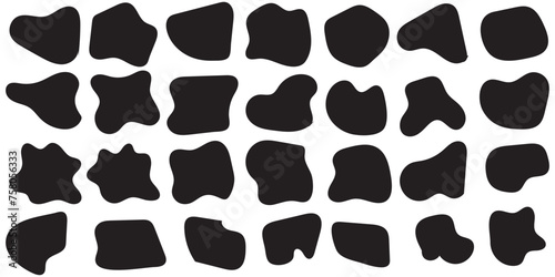 Black organic blob shape irregular form abstract vector illustration. Simple amoeba shape  asymmetric spot  irregular form. Eco color amorphous element set. Clipart of bubble blotch  deform drip. Blod