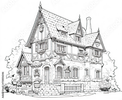 Black and white illustration for coloring house  building.