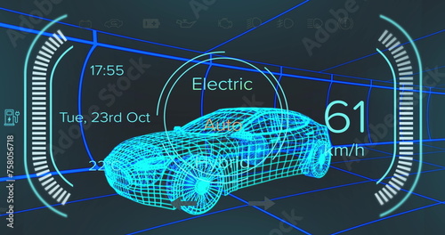 Image of car interface over digital car model on black background
