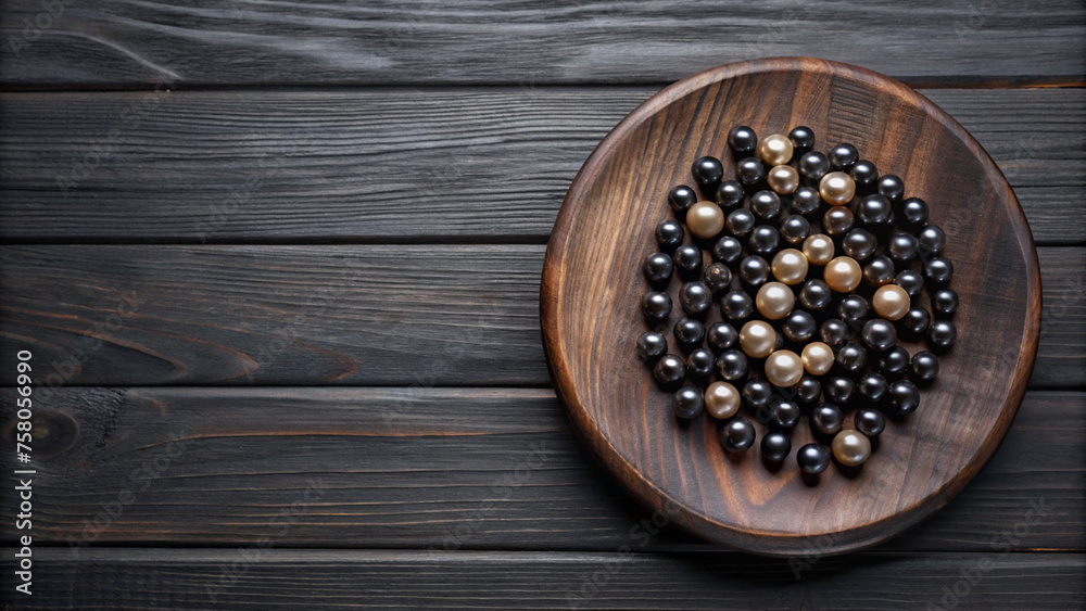 Elegant Assortment of Pearls on a Wooden Plate over Rustic Background
