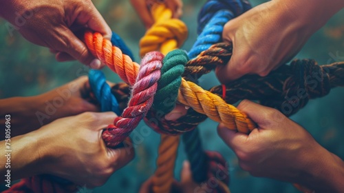 Team and colorful braid. Background shows the unity, solidarity, strength, partnership, teamwork, cooperation, power, diversity, support, integratio, and communication. Network and empower concept. photo