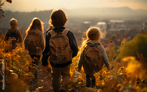 An enchanting journey through nature's golden hour. A group of children, backpacks on and adventure in their hearts, traverse a flower-lined path as the setting sun casts a warm, amber glow over the l