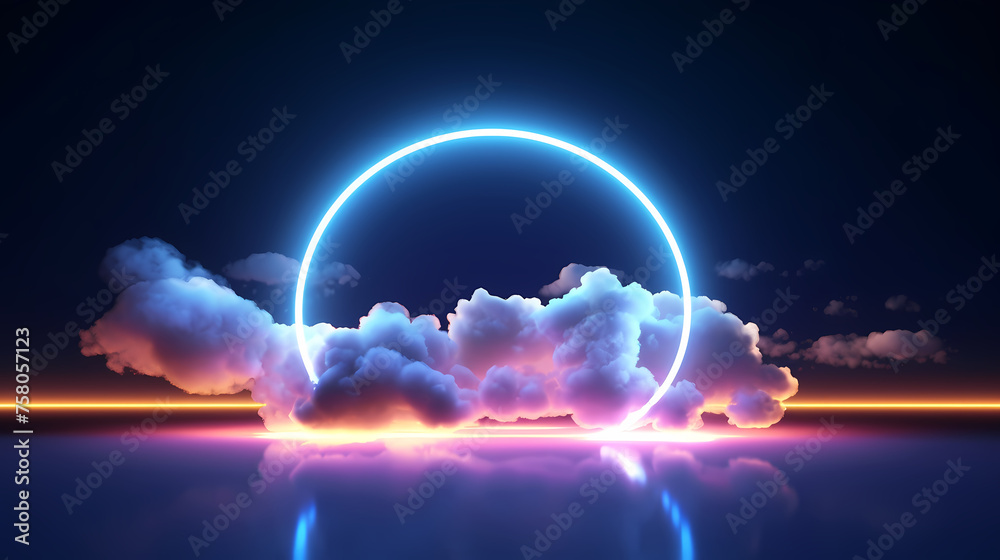 Abstract clouds illuminated with neon rings in dark night sky