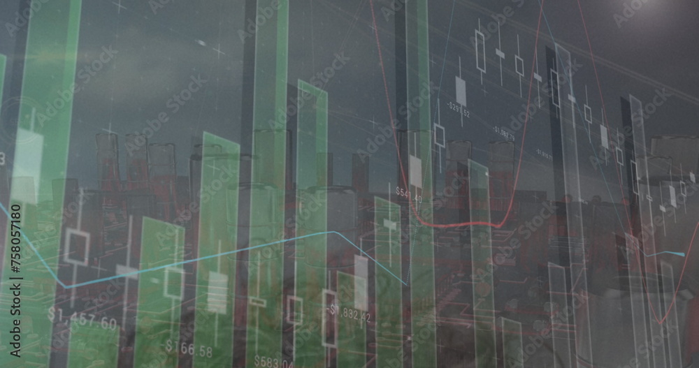 Obraz premium Image of data processing over cityscape