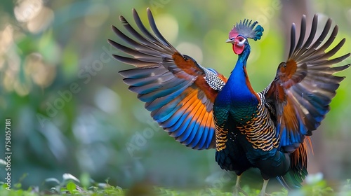 Rainbow Hued Plumage on a Pecock in Courtship Dance with Full Wing Display  attractive look photo