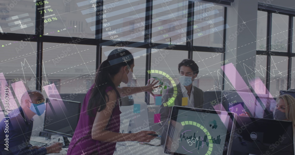 Statistical data processing over diverse male and female office colleagues discussing at office Statistical data processing over diverse male and female office colleagues discussing at office