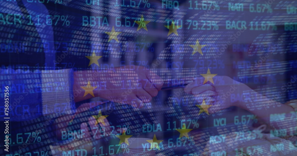 Image of stock market and flag of eu over diverse people paying with credit card