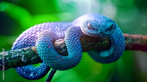 Blue viper snake on branch, viper snake, blue insularis, Trimeresurus Insularis photo