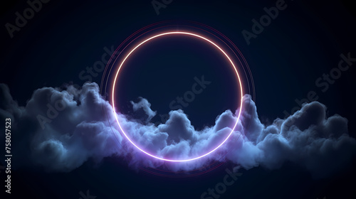 Abstract clouds illuminated with neon rings in dark night sky © Derby