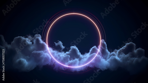 Abstract clouds illuminated with neon rings in dark night sky