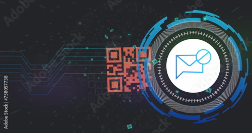 Image of data processing with qr code and envelope icon over blue background