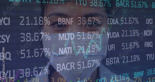 Image of stock market and data processing over asian businesswoman wearing face mask