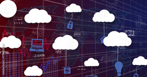 Image of clouds with icons over data processing and world map on black background
