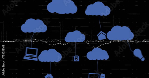 Image of clouds with icons over data processing on black background