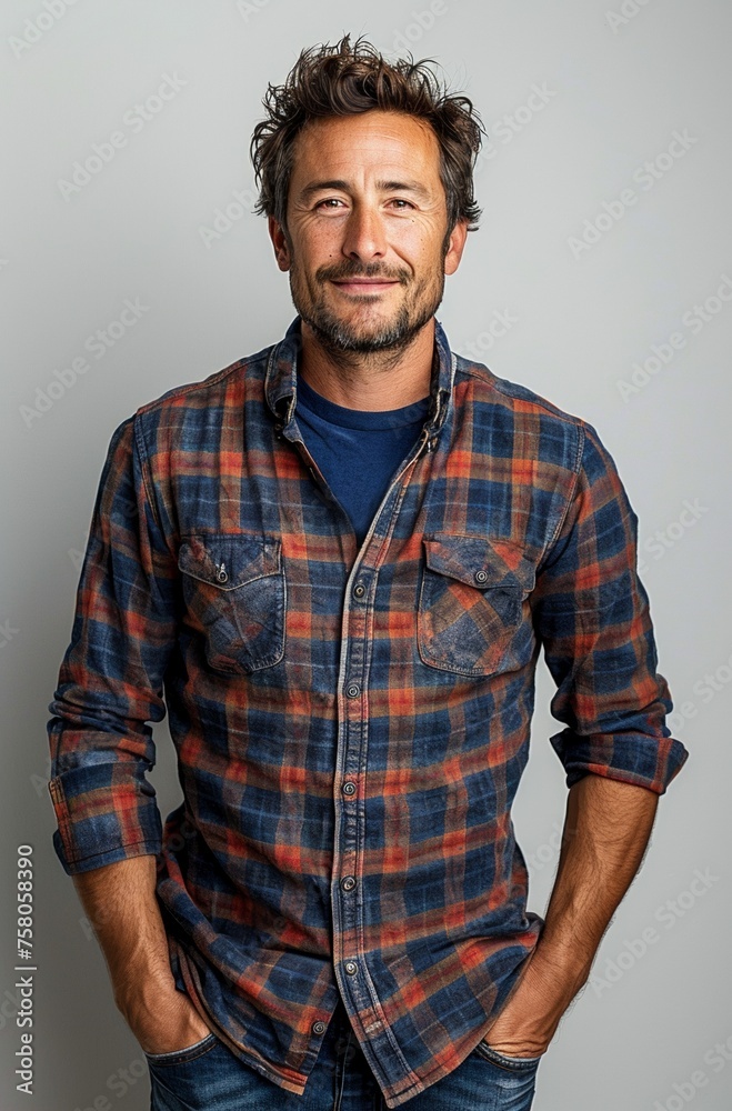 A happy, confident man in a shirt and jeans poses with a friendly smile in a studio portrait. A happy, confident man in a shirt and jeans poses with a friendly smile in a studio portrait.