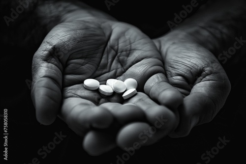 Black and White Hands with Medication Pills. Generative AI.