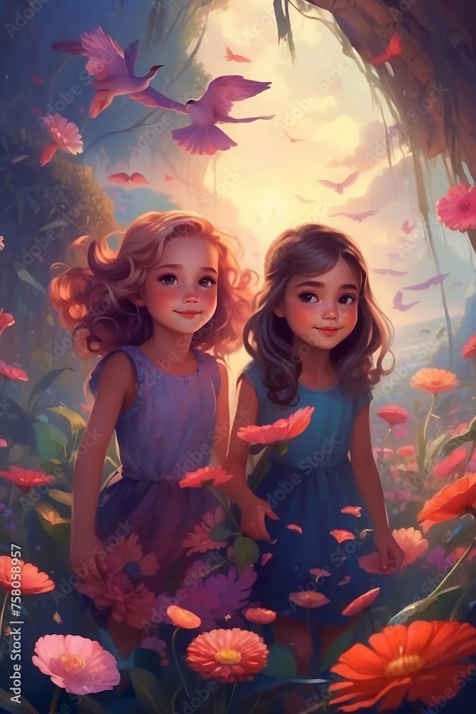 Two little girls in the park. Children's fairy tale. 3D rendering. Generated by AI.