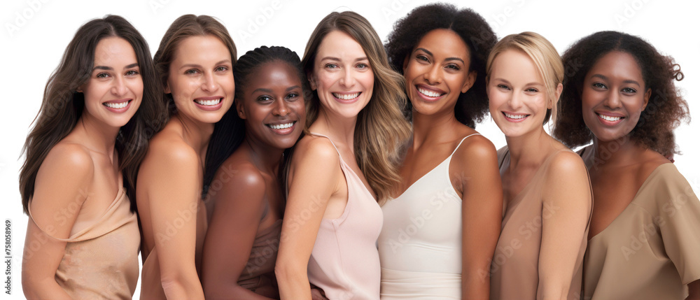 Diversity group of happy smiling women with different nationalities, isolated cutout people on transparent background